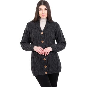 SAOL Shawl Neck Cardigan for Ladies 100% Merino Wool Buttoned V-Neck Sweater Made in Ireland