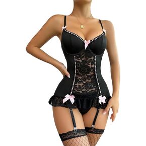 RoseSeek Women's 4 Piece Lingerie Sets Floral Lace Bow Front Garter Belt Babydoll Bustier Set with 1 Pair Stockings