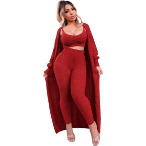 Yidengymx إمرأة غامض 3 قطعة Sweatsuit الصوف مفتوحة الجبهة سترة المحاصيل الأعلى تانك الأعلى والسراويل Bodycon مجموعات ملابس النوم للنساء