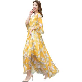 MedeShe Women's Bell Sleeve Flowy Chiffon Maxi Dress Holiday Beach Floral Sundress
