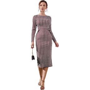 WDIRARA Women's Houndstooth High Rise Long Sleeve Split Cocktail Bodycon Midi Dress