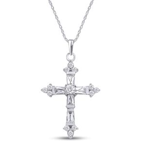 AFFY Baguette Cut White Cubic Zirconia Cross Pendant Necklace in14K Gold Over Sterling Silver