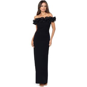Xscape womens Long Off-the-shoulder Crepe 3-d Embroidered Ruffle