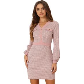 Allegra K Houndstooth Bodycon Dress for Women's V Neck Long Sleeve Pencil Sheath Dresses