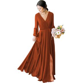 POMUYOO Women's V-Neck Long Sleeve Bridesmaid Dresses Chiffon Faux-Wrap Formal Prom Dress with Slit YG184