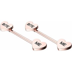 Salwosai 14G Stainless Steel Nipple Rings Bite Me Heart-shaped Letter Straight Barbell Bars Tongue Ring 16mm(5/8 Inch) Body Piercing Jewelry