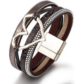 Multilayer Bohemian PU Leather Love Heart Wrap Bracelet Bangle Crystal Rhinestone Beaded Leopard Print Wristband Bracelet for Women Men Girl Boy Teen Boho Cuff Jewelry Gift