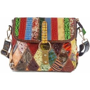 Segater Women Multi-color Purse Snake Pattern Genuine Leather Handbag 3D Color Spliced Shiny Crossbody Bag Flip Shoulder Bag