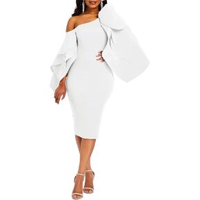 VERWIN Bodycon Dress for Woman Long Sleeve Knee-Length Ruffle Sleeve Off Shoulder Evening Dress