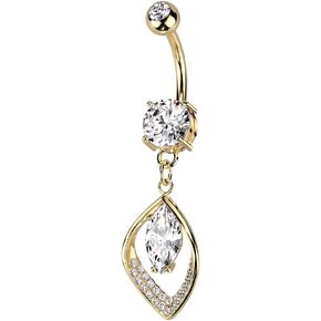 14GA 316L Stainless Steel Hollow CZ Crystal Paved Leaf with Marquise Center Dangling Belly Button Ring