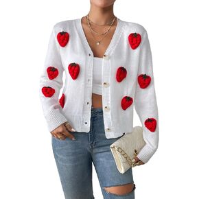 WDIRARA Women's Strawberry Printed Button Front Long Sleeve Casual Cardigan Sweaters