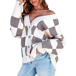 CORIRESHA Women's Color Block Check Crew Neck Long Sleeve Chunky Casual Knit Pullover Sweater