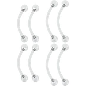 Evonix 4pc 16g Eyebrow Piercing Retainer - Vertical Labret Lip Flexible Clear Curved Barbell - Invisible Retainers Piercing Jewelry (choose Quantity)