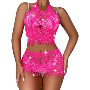MOHSILY Women's Mesh Lingerie Fishnet Mini Dress Babydoll V Neck Two Piece Bathing Patry Suits Rose Red