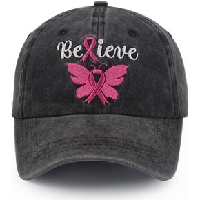 Breast Cancer Awareness Hat for Women, Adjustable Embroidered Cotton Denim Believe Pink Ribbon Butterfly Baseball Cap