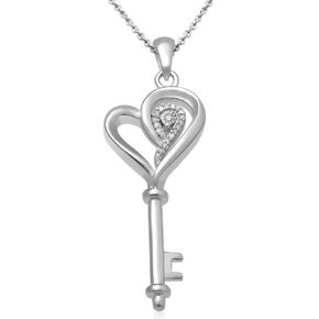 Jewelili Heart Key Necklace Pendant with Natural White Round Diamonds in Sterling Silver 18 inch Cable Chain