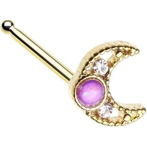 Pierced Owl 20GA Gold Tone Purple Opalite Crescent Moon Nose Bone Stud