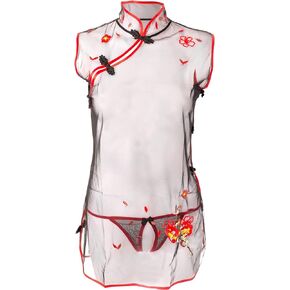 Swbreety Women's See Through Sleepwear Chinese Cheongsam Babydoll Chemise Set