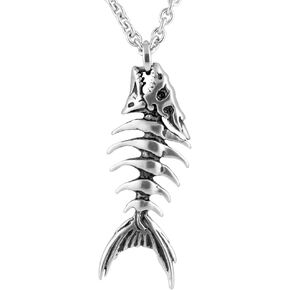 Controse Silver-Toned Stainless Steel Fish Bones Necklace with Pendant (17" - 19" Adjustable Chain)