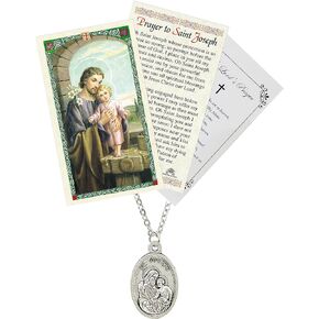 St Joseph Medal - with St Joseph Prayer Card, The Lord's Prayer | Saint Joseph Necklace Jewelry | Catholic Patron Saint Of Families, Fathers, Expectant Mothers, Carpenters Set, Total 4 Items