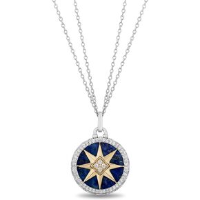 Jewelili 14K Yellow Gold and Sterling Silver 16 MM Lapis Lazuli with 1/4 Cttw Natural White Round Diamond Star Pendant Necklace 18" Cable Chain