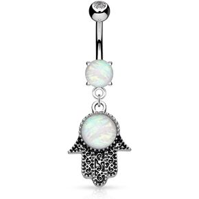 Pierced Owl - 14GA 316L Stainless Steel Opal Glitter Set Hamsa Hand Dangling Belly Button Ring