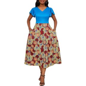 VERWIN Print Pleated Dress Ruffle Short Sleeve V Neck Midi Dress with Pockets Mid-Calf Tribal Casual Party Dress