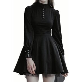 Gothic ins Retro tie Long-Sleeved Dark tie Round Neck Button Waist Thin A-line Pleated Dress Female Prom Dress