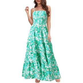 MYHALF Maxi Hawaiian Dresses for Women: Summer Boho Floral Sleeveless Spaghetti Strap Smocked Tiered Long Beach Dress