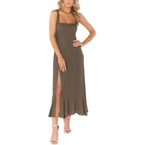 LYANER Women's Spaghetti Strap Square Neck Sleeveless High Waist Split Ruffle Hem Midi Dress