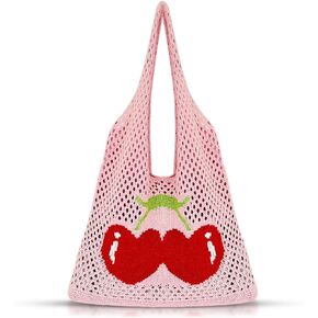 Tote Bag for Women, Pink Knitting Shoulder Bag, Cute Cherry Soft Handbags, Large Capacity Travel Bag for Vacation, Daily Matching
