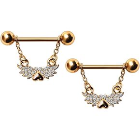 Pierced Owl 14GA Gold Plated 316L Stainless Steel Jeweled Winged Heart Dangling Nipple Rings, Sold as a Pair