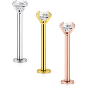 Kridzisw 16G Cheek Dimple Piercing Jewelry 316L Stainless Steel Lip Labret Cheek Tongue Rings Barbell Piercing Jewelry Cubic Zirconia 14mm-19mm Bar Mix-Color 3Pcs