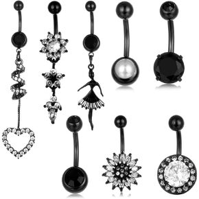 K & Y 8 قطعة 14 جرام الفولاذ المقاوم للصدأ منحني البطن خاتم على شكل زر ثقب قلادة الجراحية البطن خاتم على شكل زر هيئة ثقب المجوهرات للنساء in Kuwait