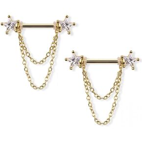 Pierced Owl 14GA 316L Stainless Steel CZ Crystal Stars with Double Dangling Chains Nipple Barbells, Sold as a Pair