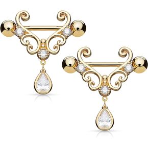 Pierced Owl - 14GA 316L Stainless Steel CZ Set Filigree Heart and Dangling CZ Tear Drop Nipple Rings, Sold as a Pair
