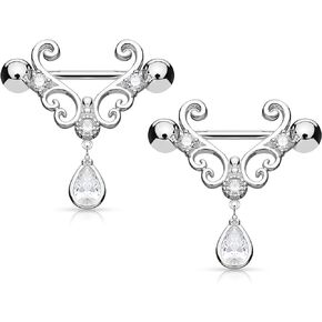 Pierced Owl - 14GA 316L Stainless Steel CZ Set Filigree Heart and Dangling CZ Tear Drop Nipple Rings, Sold as a Pair