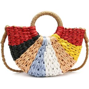 Women Summer Retro Straw Tote Bag Hand-woven Colorful Boho Shoulder Bag Crossbody Bag Round Handle Beach Handbags