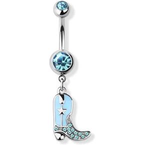 Belly Button Ring Gem Paved Cowboy Cowgirl Boots 316L surgical steel navel silver star