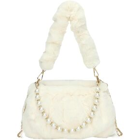 Furry Shoulder Crossbody Bag for Women Fuzzy Faux Fur Hobo Tote Handbag Plush Handbag Pearl Chain Armpit Purse