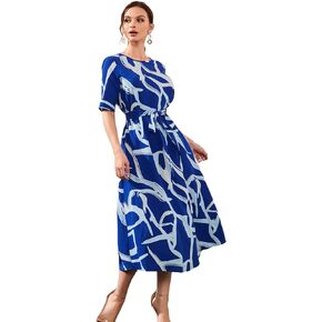 WDIRARA Women's Printed Short Sleeve Round Neck Belted Long Dress Elegant Dresses