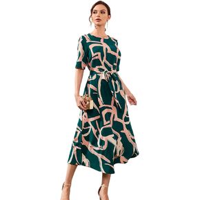 WDIRARA Women's Printed Short Sleeve Round Neck Belted Long Dress Elegant Dresses