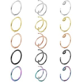 ZELORES 15Pcs 18G Nose Rings Hoops Double Nose Ring For Single Piercing 316l Surgical Steel Spiral Nose Hoop Rings For Women Nostril Piercing Jewelry(8MM)