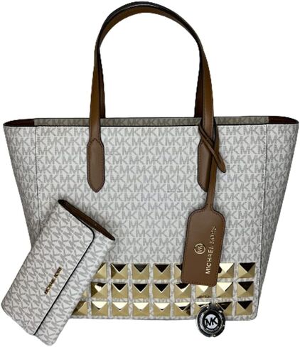 Michael Kors Sinclair Large EW Grab Tote bundled with Travel Trifold Wallet Purse Hook (Signature MK Vanilla) in Saudi Arabia
