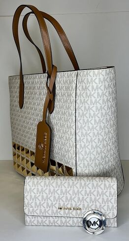 Michael Kors Sinclair Large EW Grab Tote bundled with Travel Trifold Wallet Purse Hook (Signature MK Vanilla) in Saudi Arabia