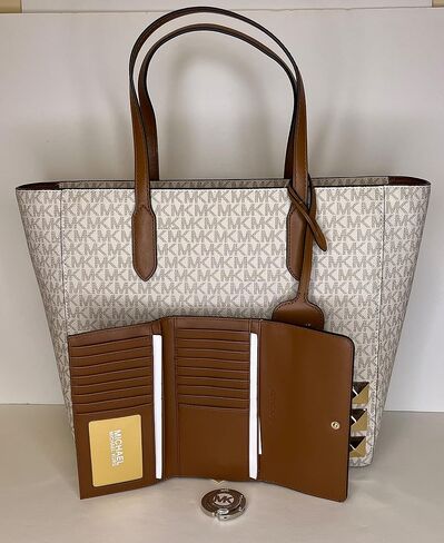 Michael Kors Sinclair Large EW Grab Tote bundled with Travel Trifold Wallet Purse Hook (Signature MK Vanilla) in Saudi Arabia