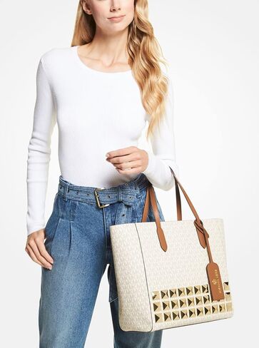 Michael Kors Sinclair Large EW Grab Tote bundled with Travel Trifold Wallet Purse Hook (Signature MK Vanilla) in Saudi Arabia