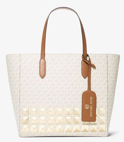 Michael Kors Sinclair Large EW Grab Tote bundled with Travel Trifold Wallet Purse Hook (Signature MK Vanilla) in Saudi Arabia