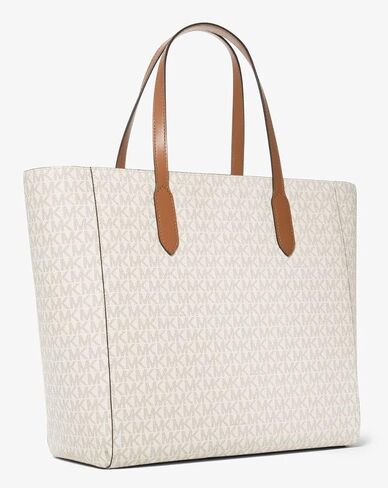 Michael Kors Sinclair Large EW Grab Tote bundled with Travel Trifold Wallet Purse Hook (Signature MK Vanilla) in Saudi Arabia