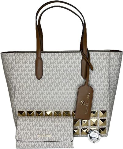 Michael Kors Sinclair Large EW Grab Tote bundled with Travel Trifold Wallet Purse Hook (Signature MK Vanilla) in Saudi Arabia